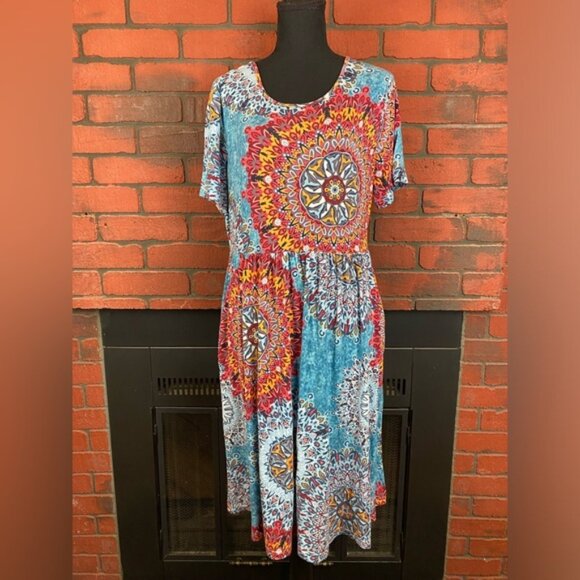 DB Moon Blue Multicolor Mandala‎ Pattern Boho Short Sleeve Dress Size XL - Picture 1 of 7